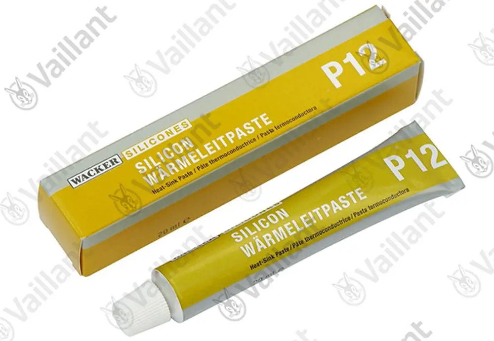 Tube mit Wärmeleitpaste von Vaillant, ausgelegt für die Anwendung auf Heat-Sinks. Verpackung in gelb und silber mit den Worten "Silicon Wärmeleitpaste".